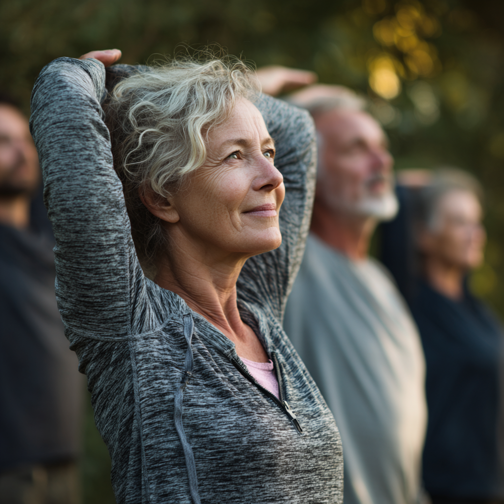 Middle-aged adults practicing gentle movement exercises in natural outdoor setting