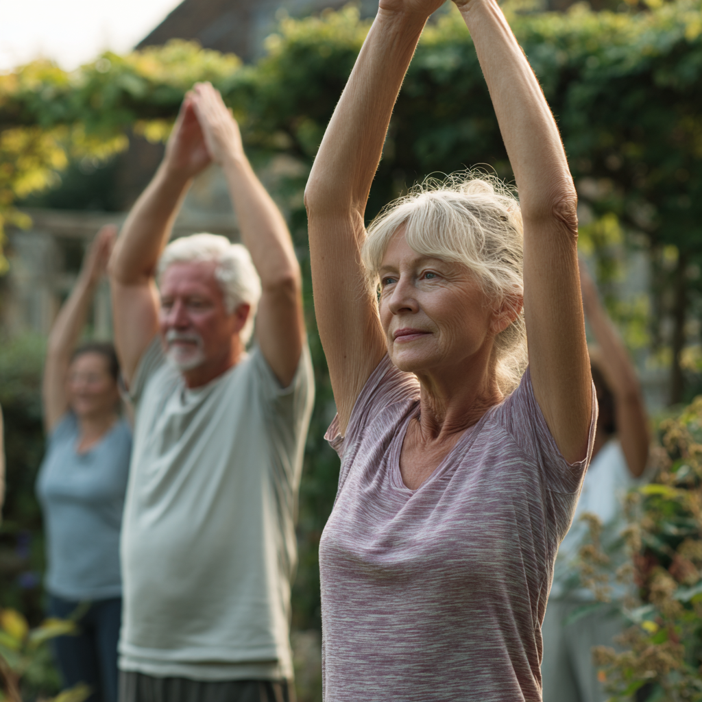 Older adults performing gentle stretching exercises in peaceful garden setting